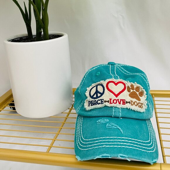 BRAND NEW, Never Worn Distressed Peace, Love and Dogs Turqouise Adjustable Hat! - Picture 1 of 8